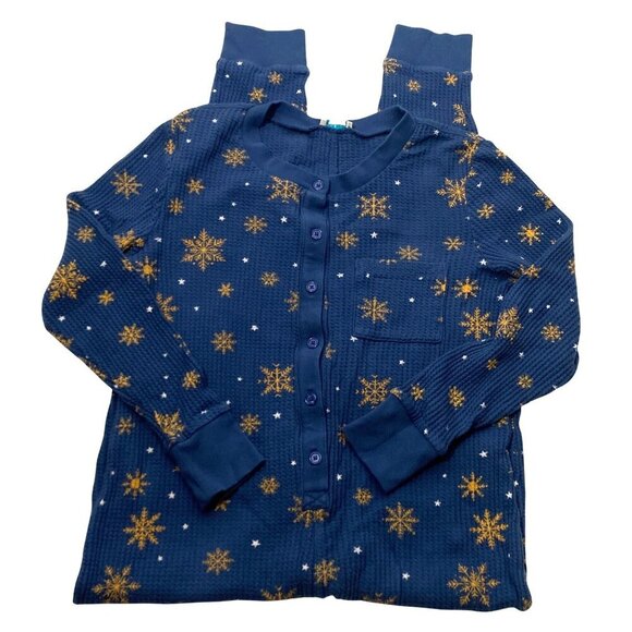 Sundance Blue Snowflake Print One-Piece Pajama Suit waffle knit Ribbed Size L - Picture 8 of 11
